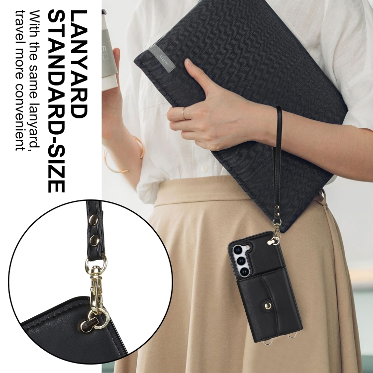 For Samsung Galaxy S23+ 5G RFID Card Slot Leather Phone Case with Long Lanyard(Black)