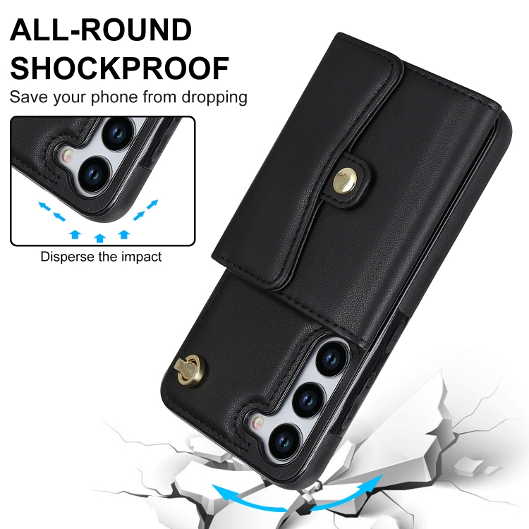 For Samsung Galaxy S23+ 5G RFID Card Slot Leather Phone Case with Long Lanyard(Black)