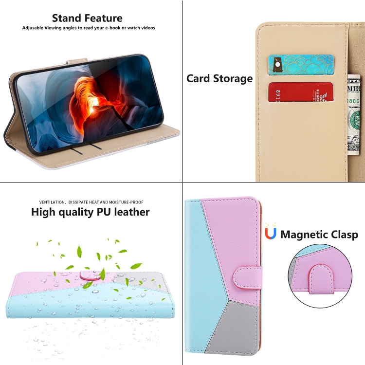 For Samsung Galaxy S23+ 5G Tricolor Stitching Flip Leather Phone Case(Blue) For Samsung Galaxy S23+ 5G Tricolor Stitching Flip Leather Phone Case(Blue)
