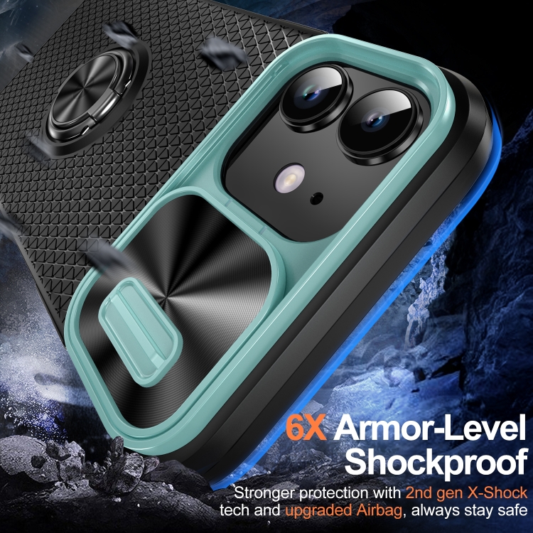 For iPhone 14 Sliding Camshield Armor Phone Case with Ring Holder(Grey Green Black) For iPhone 14 Sliding Camshield Armor Phone Case with Ring Holder(Grey Green Black)