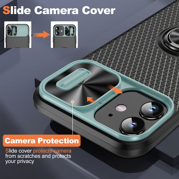 For iPhone 14 Sliding Camshield Armor Phone Case with Ring Holder(Grey Green Black) For iPhone 14 Sliding Camshield Armor Phone Case with Ring Holder(Grey Green Black)