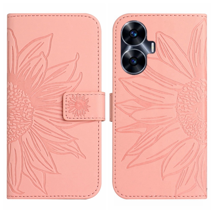 Para Realme C53 Skin Feel Sun Flower Funda de cuero con tapa en relieve  para teléfono