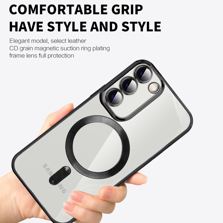 For Samsung Galaxy S23+ 5G CD Texture Plating TPU MagSafe Phone Case with Lens Film(Black)