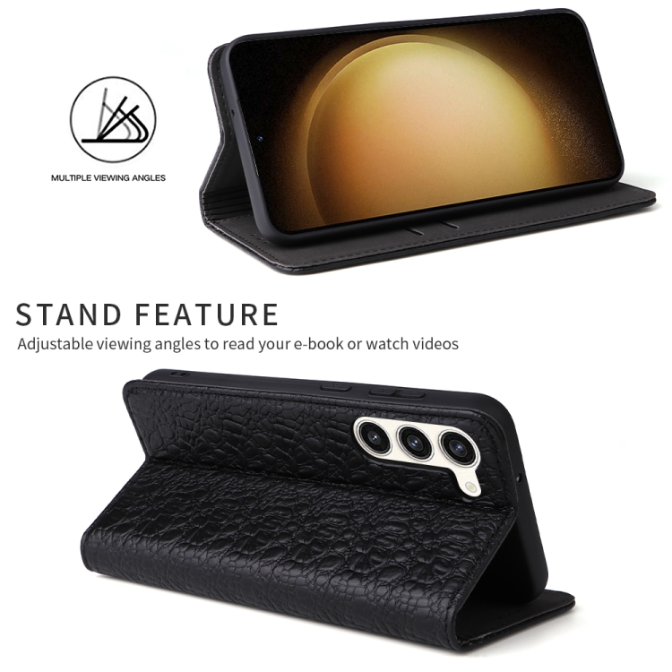 For Samsung Galaxy S23+ 5G Fierre Shann Crocodile Texture Magnetic Genuine Leather Phone Case(Black) For Samsung Galaxy S23+ 5G Fierre Shann Crocodile Texture Magnetic Genuine Leather Phone Case(Black)