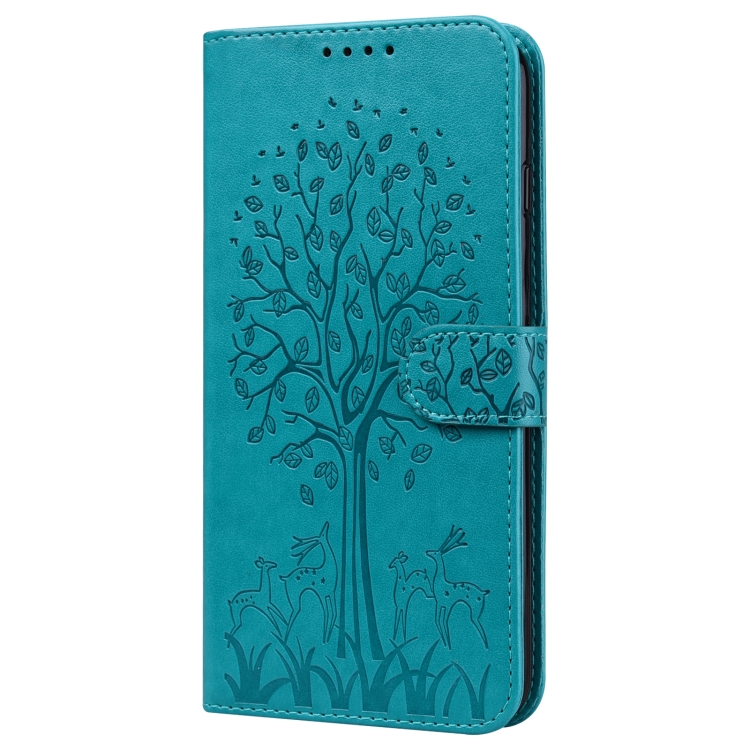 For Samsung Galaxy S23 Ultra 5G Tree & Deer Pattern Pressed Printing Horizontal Flip Leather Phone Case(Blue)