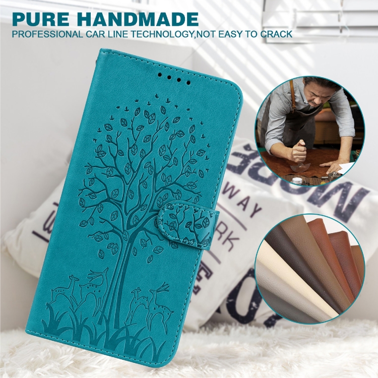 For Samsung Galaxy S23 Ultra 5G Tree & Deer Pattern Pressed Printing Horizontal Flip Leather Phone Case(Blue)