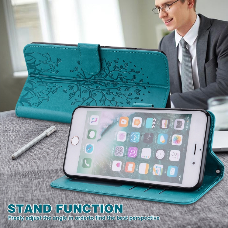 For Samsung Galaxy S23 Ultra 5G Tree & Deer Pattern Pressed Printing Horizontal Flip Leather Phone Case(Blue)