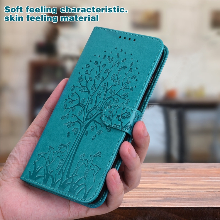 For Samsung Galaxy S23 Ultra 5G Tree & Deer Pattern Pressed Printing Horizontal Flip Leather Phone Case(Blue)