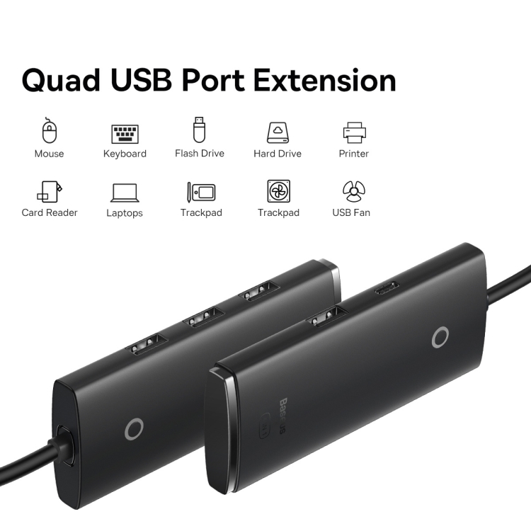 Baseus Lite Series WKQX070001 Adaptador USB-A a USB 2.0x4 HUB, Longitud del cable: 25 cm (Negro) - 2