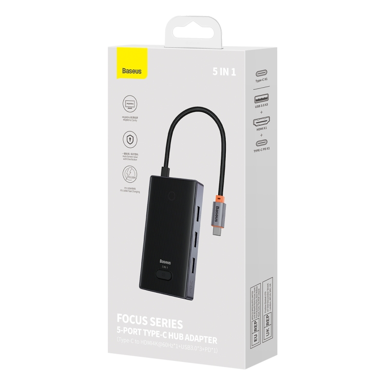 Baseus WKYY030113 5 in 1 USB-C / Type-C to USB3.0x3+HDMI+PD HUB Adapter(Space Grey) - 2