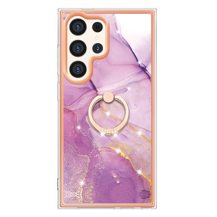 For Samsung Galaxy S24 Ultra 5G Electroplating Marble IMD TPU Phone Case with Ring Holder(Purple 001)
