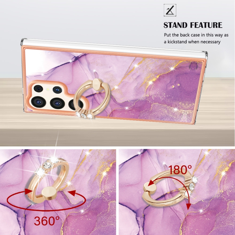 For Samsung Galaxy S24 Ultra 5G Electroplating Marble IMD TPU Phone Case with Ring Holder(Purple 001)