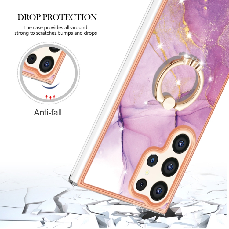 For Samsung Galaxy S24 Ultra 5G Electroplating Marble IMD TPU Phone Case with Ring Holder(Purple 001)