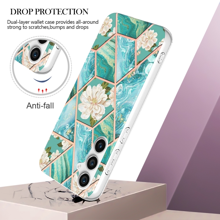 For Samsung Galaxy S23 FE 5G Splicing Marble Flower IMD TPU Phone Case(Blue Flower) For Samsung Galaxy S23 FE 5G Splicing Marble Flower IMD TPU Phone Case(Blue Flower)