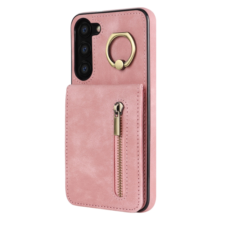 For Samsung Galaxy S23 5G Retro Ring and Zipper RFID Card Slot Phone Case(Pink) For Samsung Galaxy S23 5G Retro Ring and Zipper RFID Card Slot Phone Case(Pink)