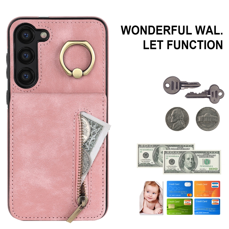 For Samsung Galaxy S23 5G Retro Ring and Zipper RFID Card Slot Phone Case(Pink) For Samsung Galaxy S23 5G Retro Ring and Zipper RFID Card Slot Phone Case(Pink)