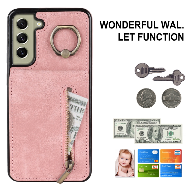 For Samsung Galaxy S22 5G Retro Ring and Zipper RFID Card Slot Phone Case(Pink) For Samsung Galaxy S22 5G Retro Ring and Zipper RFID Card Slot Phone Case(Pink)