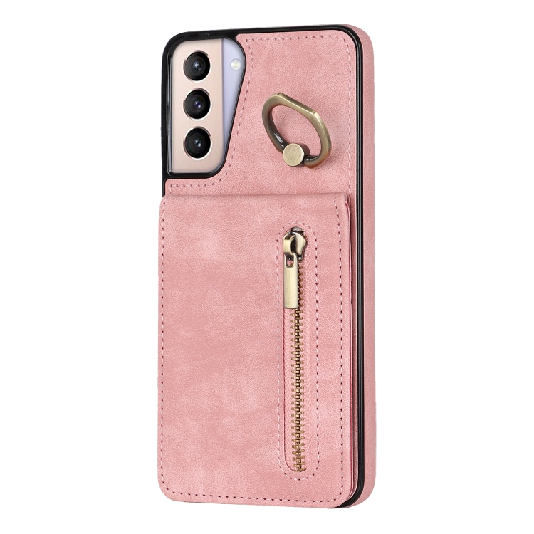 For Samsung Galaxy S21 5G Retro Ring and Zipper RFID Card Slot Phone Case(Pink) For Samsung Galaxy S21 5G Retro Ring and Zipper RFID Card Slot Phone Case(Pink)