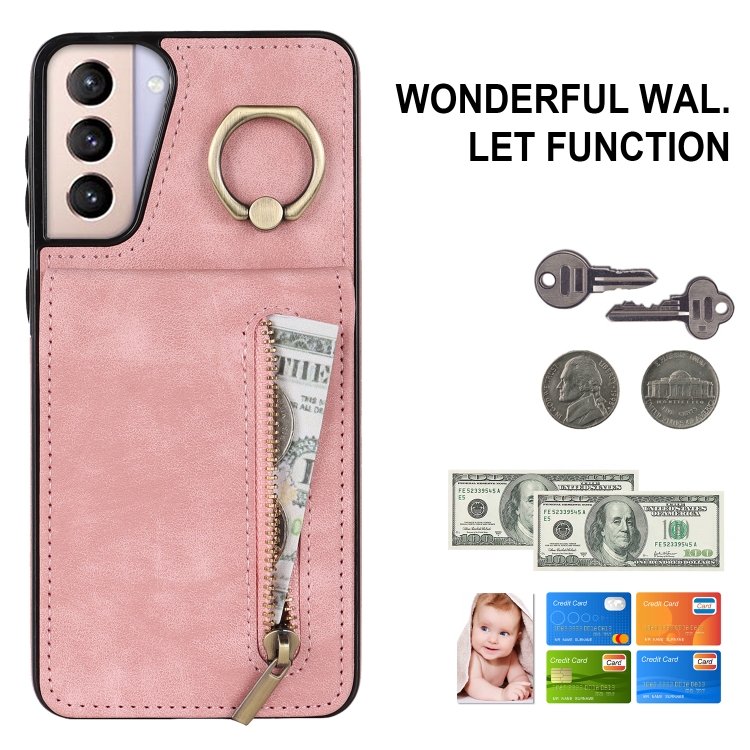 For Samsung Galaxy S21 5G Retro Ring and Zipper RFID Card Slot Phone Case(Pink) For Samsung Galaxy S21 5G Retro Ring and Zipper RFID Card Slot Phone Case(Pink)