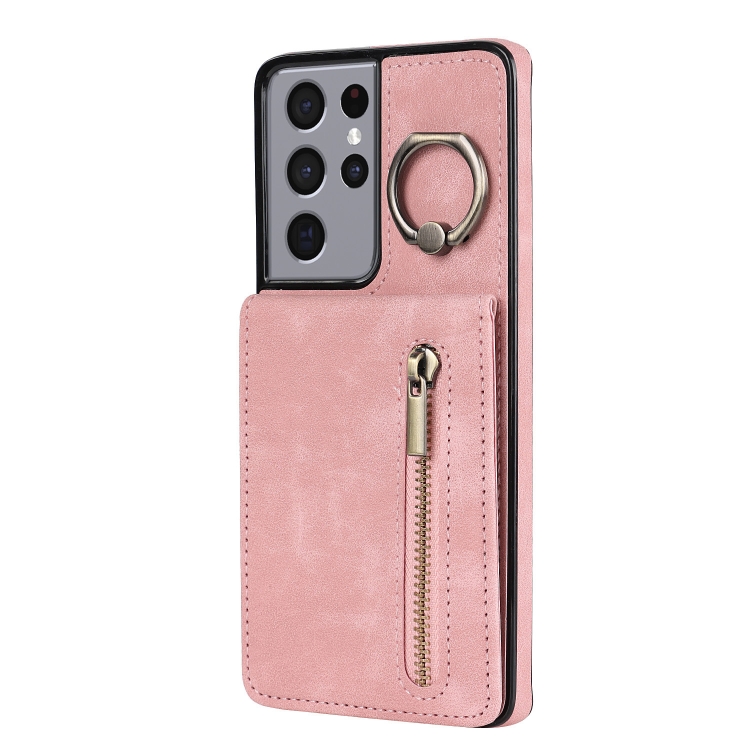 For Samsung Galaxy S21 Ultra 5G Retro Ring and Zipper RFID Card Slot Phone Case(Pink) For Samsung Galaxy S21 Ultra 5G Retro Ring and Zipper RFID Card Slot Phone Case(Pink)