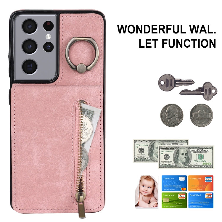 For Samsung Galaxy S21 Ultra 5G Retro Ring and Zipper RFID Card Slot Phone Case(Pink) For Samsung Galaxy S21 Ultra 5G Retro Ring and Zipper RFID Card Slot Phone Case(Pink)