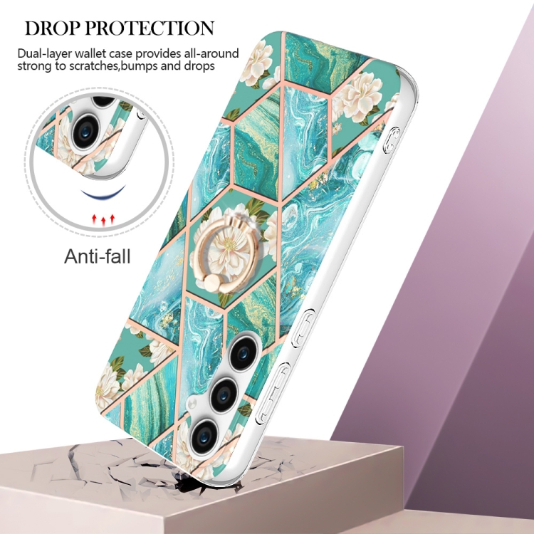 For Samsung Galaxy S23 FE 5G Splicing Marble Flower IMD TPU Phone Case with Ring Holder(Blue Flower) For Samsung Galaxy S23 FE 5G Splicing Marble Flower IMD TPU Phone Case with Ring Holder(Blue Flower)