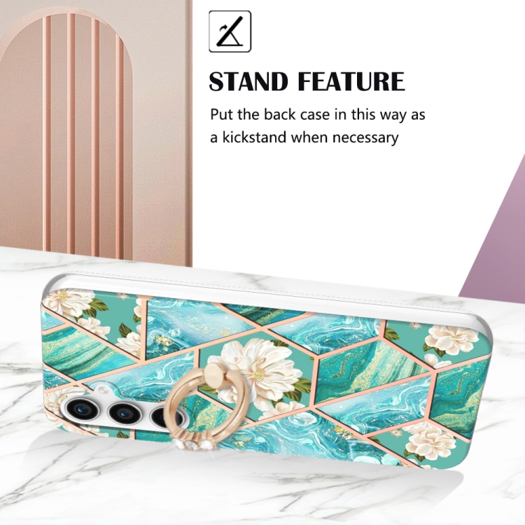 For Samsung Galaxy S23 FE 5G Splicing Marble Flower IMD TPU Phone Case with Ring Holder(Blue Flower) For Samsung Galaxy S23 FE 5G Splicing Marble Flower IMD TPU Phone Case with Ring Holder(Blue Flower)