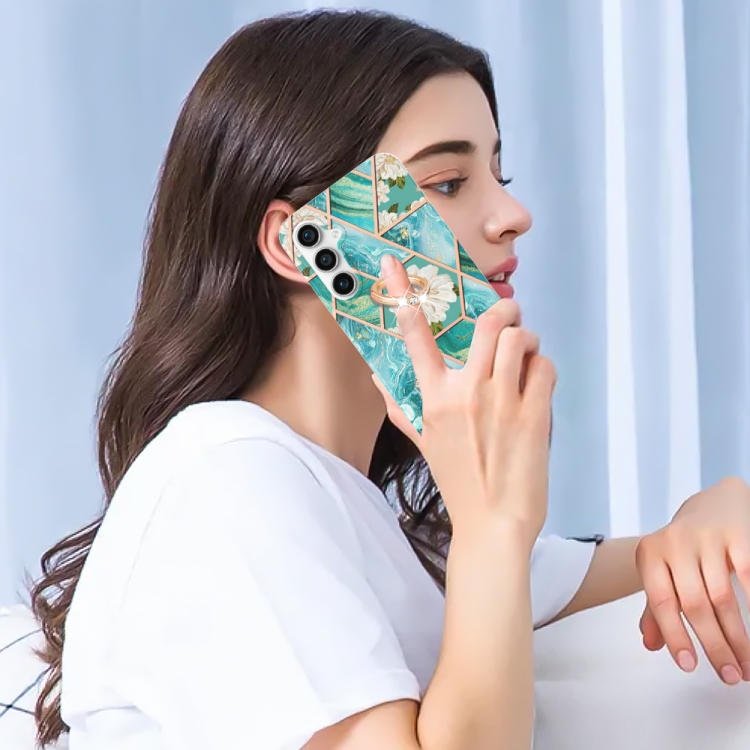 For Samsung Galaxy S23 FE 5G Splicing Marble Flower IMD TPU Phone Case with Ring Holder(Blue Flower) For Samsung Galaxy S23 FE 5G Splicing Marble Flower IMD TPU Phone Case with Ring Holder(Blue Flower)