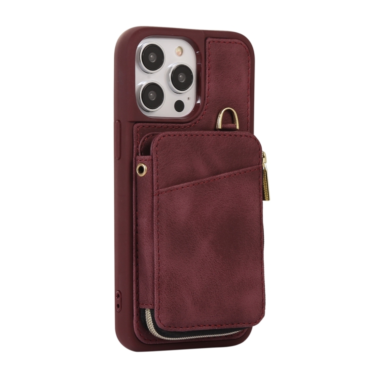For iPhone 14 Pro Zipper Card Bag Back Cover Phone Case(Wine Red) For iPhone 14 Pro Zipper Card Bag Back Cover Phone Case(Wine Red)