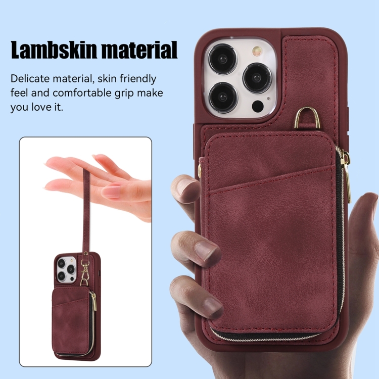 For iPhone 14 Pro Zipper Card Bag Back Cover Phone Case(Wine Red) For iPhone 14 Pro Zipper Card Bag Back Cover Phone Case(Wine Red)