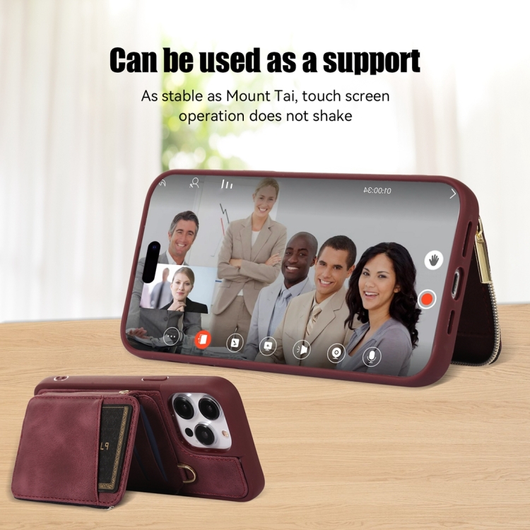 For iPhone 14 Pro Zipper Card Bag Back Cover Phone Case(Wine Red) For iPhone 14 Pro Zipper Card Bag Back Cover Phone Case(Wine Red)
