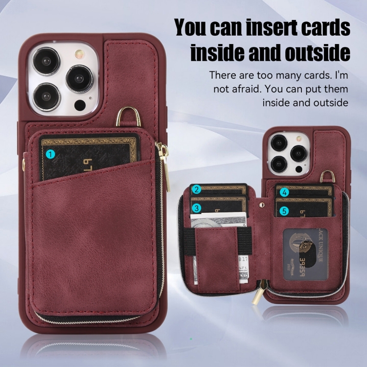 For iPhone 14 Pro Zipper Card Bag Back Cover Phone Case(Wine Red) For iPhone 14 Pro Zipper Card Bag Back Cover Phone Case(Wine Red)