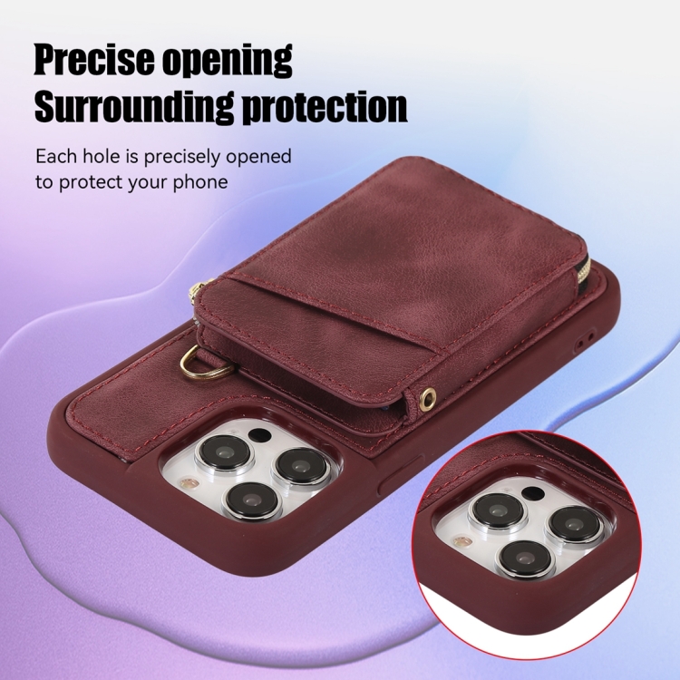 For iPhone 14 Pro Zipper Card Bag Back Cover Phone Case(Wine Red) For iPhone 14 Pro Zipper Card Bag Back Cover Phone Case(Wine Red)