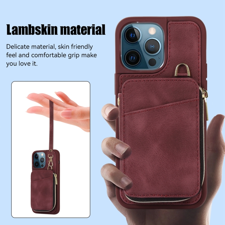For iPhone 12 Pro Max Zipper Card Bag Back Cover Phone Case(Wine Red) For iPhone 12 Pro Max Zipper Card Bag Back Cover Phone Case(Wine Red)