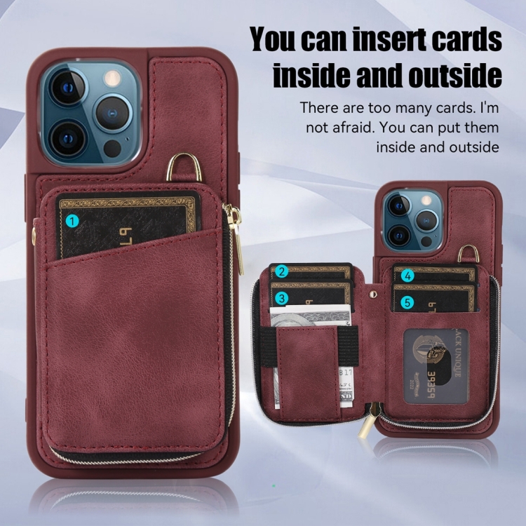 For iPhone 12 Pro Max Zipper Card Bag Back Cover Phone Case(Wine Red) For iPhone 12 Pro Max Zipper Card Bag Back Cover Phone Case(Wine Red)
