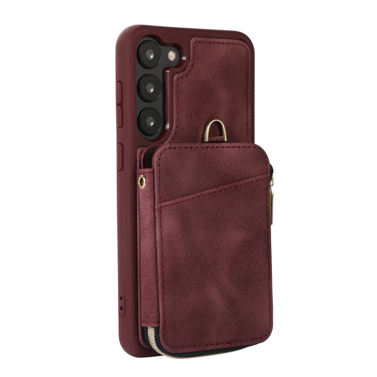 For Samsung Galaxy S23 5G Zipper Card Bag Back Cover Phone Case(Wine Red)