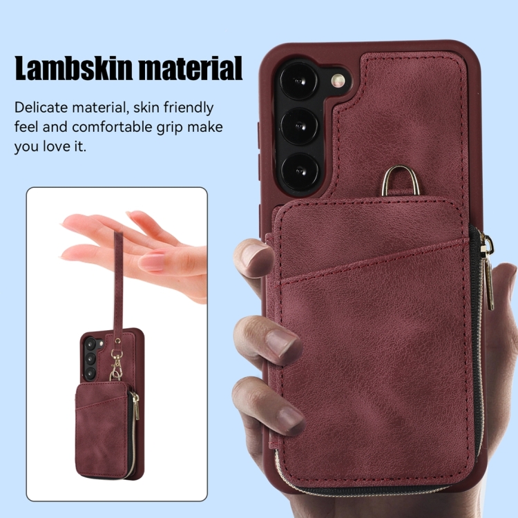For Samsung Galaxy S23 5G Zipper Card Bag Back Cover Phone Case(Wine Red)