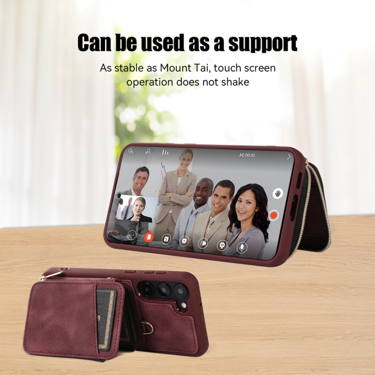 For Samsung Galaxy S23 5G Zipper Card Bag Back Cover Phone Case(Wine Red)