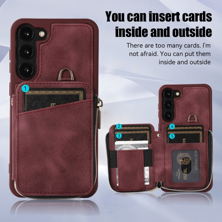 For Samsung Galaxy S23 5G Zipper Card Bag Back Cover Phone Case(Wine Red)