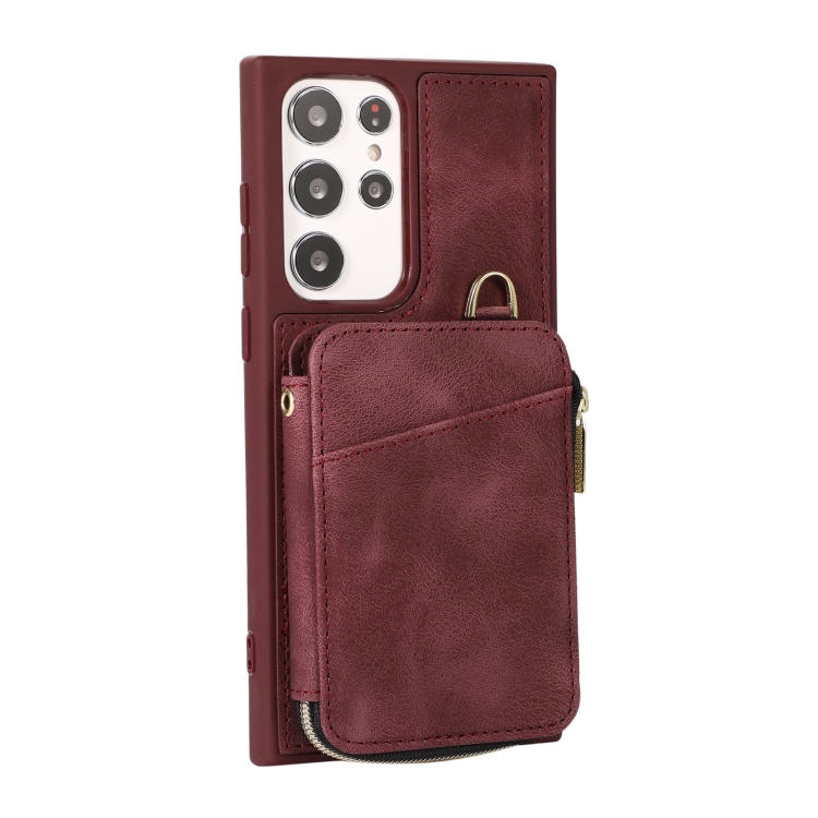 For Samsung Galaxy S23 Ultra 5G Zipper Card Bag Back Cover Phone Case(Wine Red)