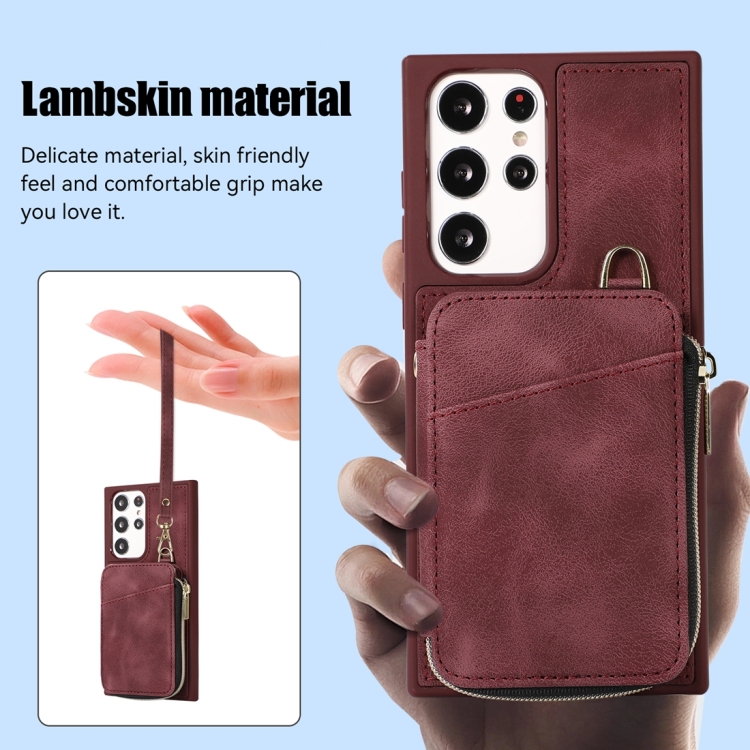 For Samsung Galaxy S23 Ultra 5G Zipper Card Bag Back Cover Phone Case(Wine Red)