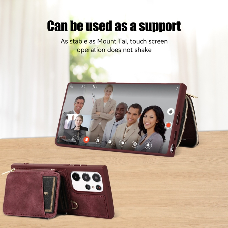 For Samsung Galaxy S23 Ultra 5G Zipper Card Bag Back Cover Phone Case(Wine Red)