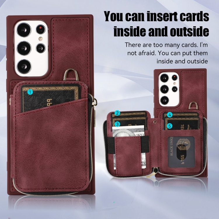 For Samsung Galaxy S23 Ultra 5G Zipper Card Bag Back Cover Phone Case(Wine Red)