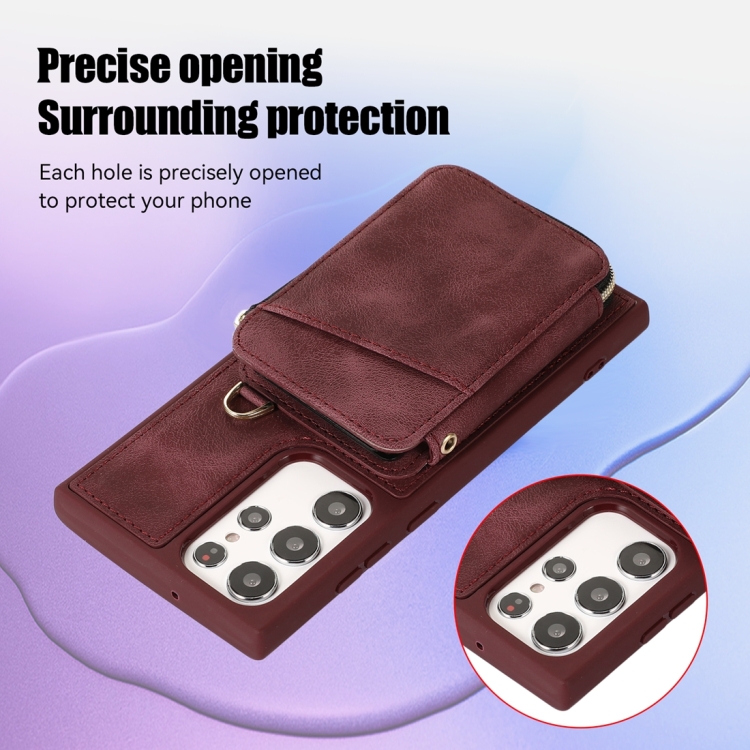 For Samsung Galaxy S23 Ultra 5G Zipper Card Bag Back Cover Phone Case(Wine Red)