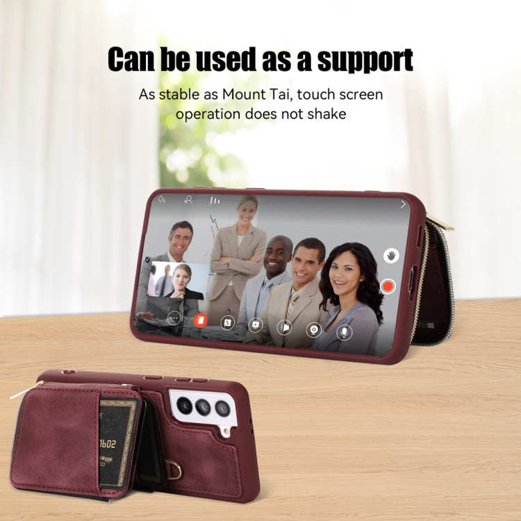 For Samsung Galaxy S22+ 5G Zipper Card Bag Back Cover Phone Case(Wine Red) For Samsung Galaxy S22+ 5G Zipper Card Bag Back Cover Phone Case(Wine Red)