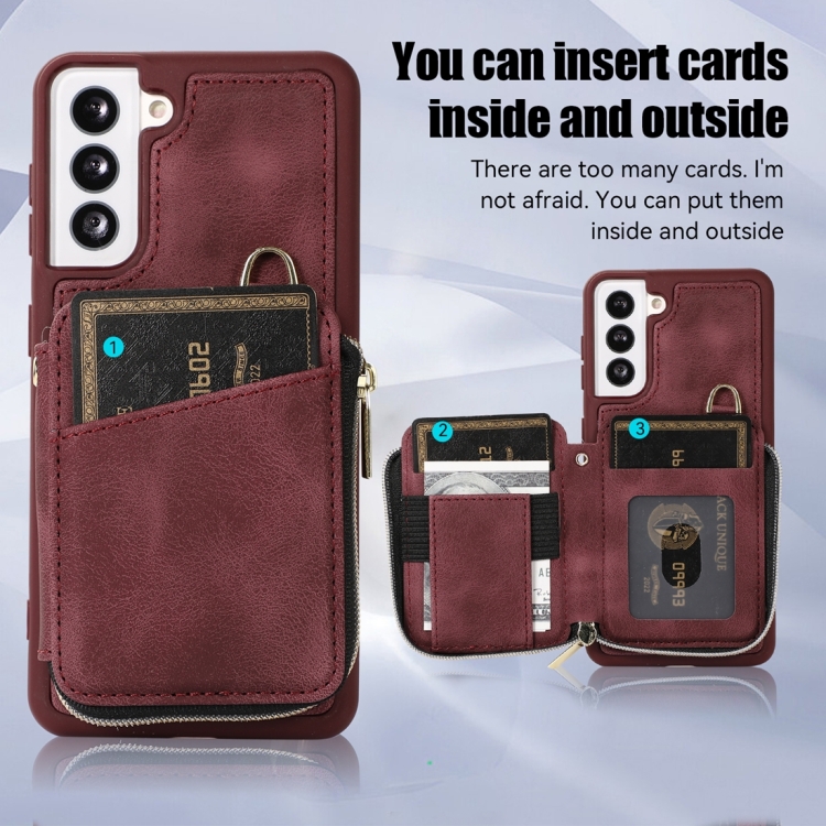 For Samsung Galaxy S22+ 5G Zipper Card Bag Back Cover Phone Case(Wine Red) For Samsung Galaxy S22+ 5G Zipper Card Bag Back Cover Phone Case(Wine Red)