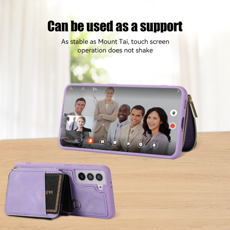 สำหรับ Samsung Galaxy S21 FE 5G กระเป๋าซิปการ์ดปกหลังเคสโทรศัพท์ (สีม่วง)