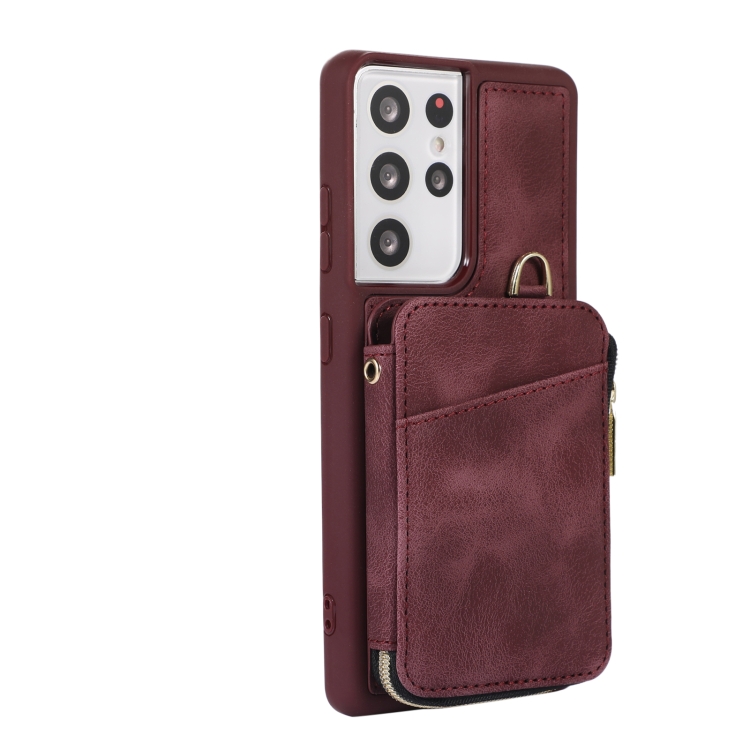 For Samsung Galaxy S21 Ultra 5G Zipper Card Bag Back Cover Phone Case(Wine Red)