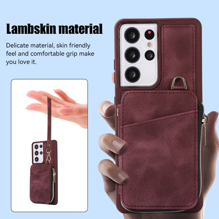 For Samsung Galaxy S21 Ultra 5G Zipper Card Bag Back Cover Phone Case(Wine Red)