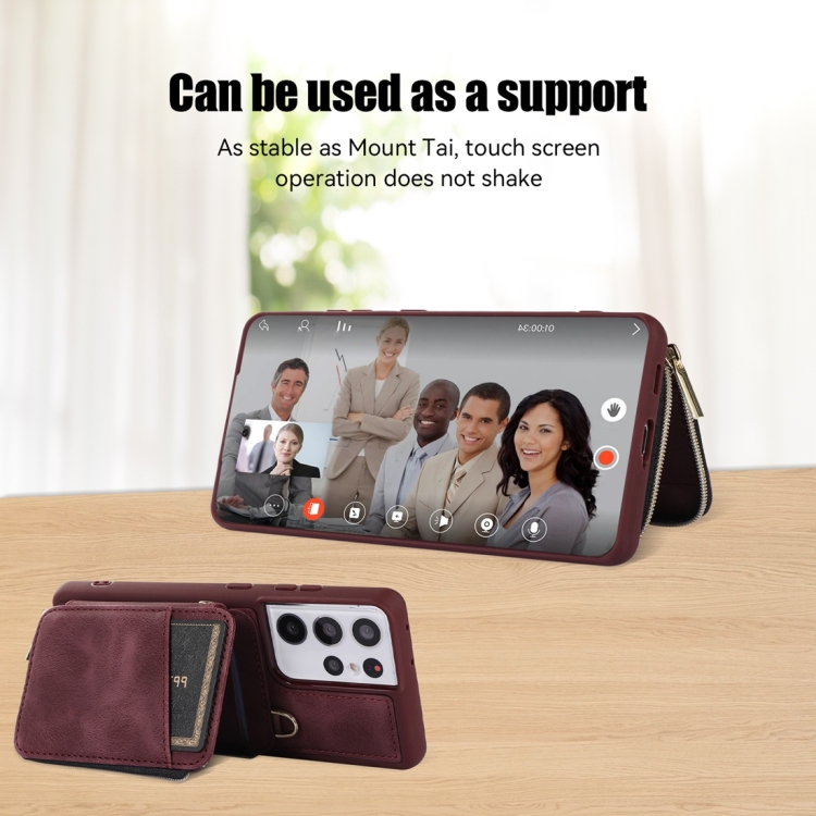For Samsung Galaxy S21 Ultra 5G Zipper Card Bag Back Cover Phone Case(Wine Red)